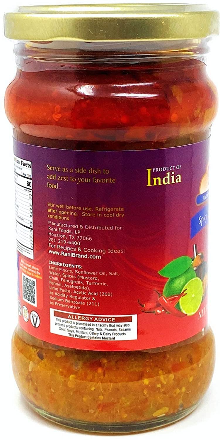 Rani Lime Pickle Hot (Achar, Spicy Indian Relish) 10.5oz (300g) Glass Jar ~ Vegan | Gluten Free | NON-GMO | No Colors | Popular Indian Condiment, Indian Origin