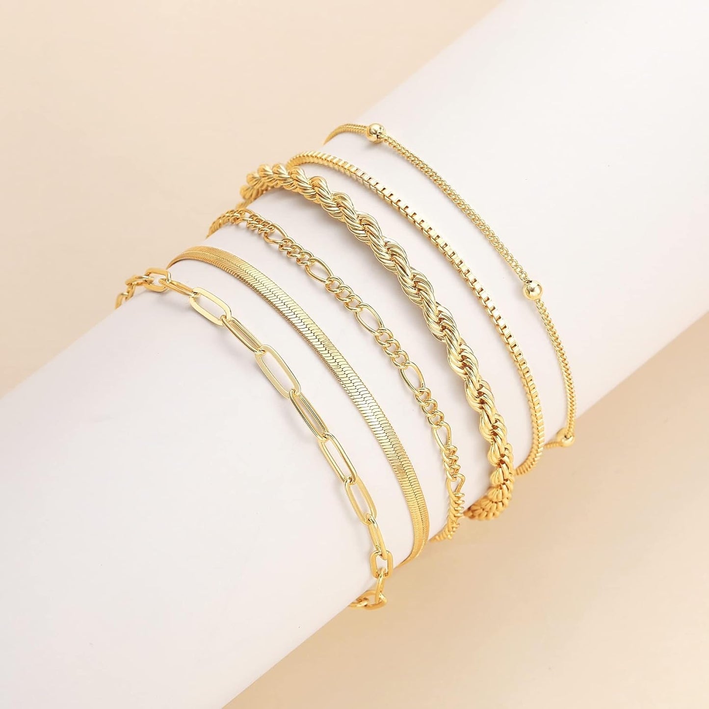 VAMA FASHIONS Anti-Tarnish 18K Gold Plated Bracelet Set Rope Figaro Paperclip Snake Herringbone & Beads Chain Hand Jewelry for Women – Set of 6