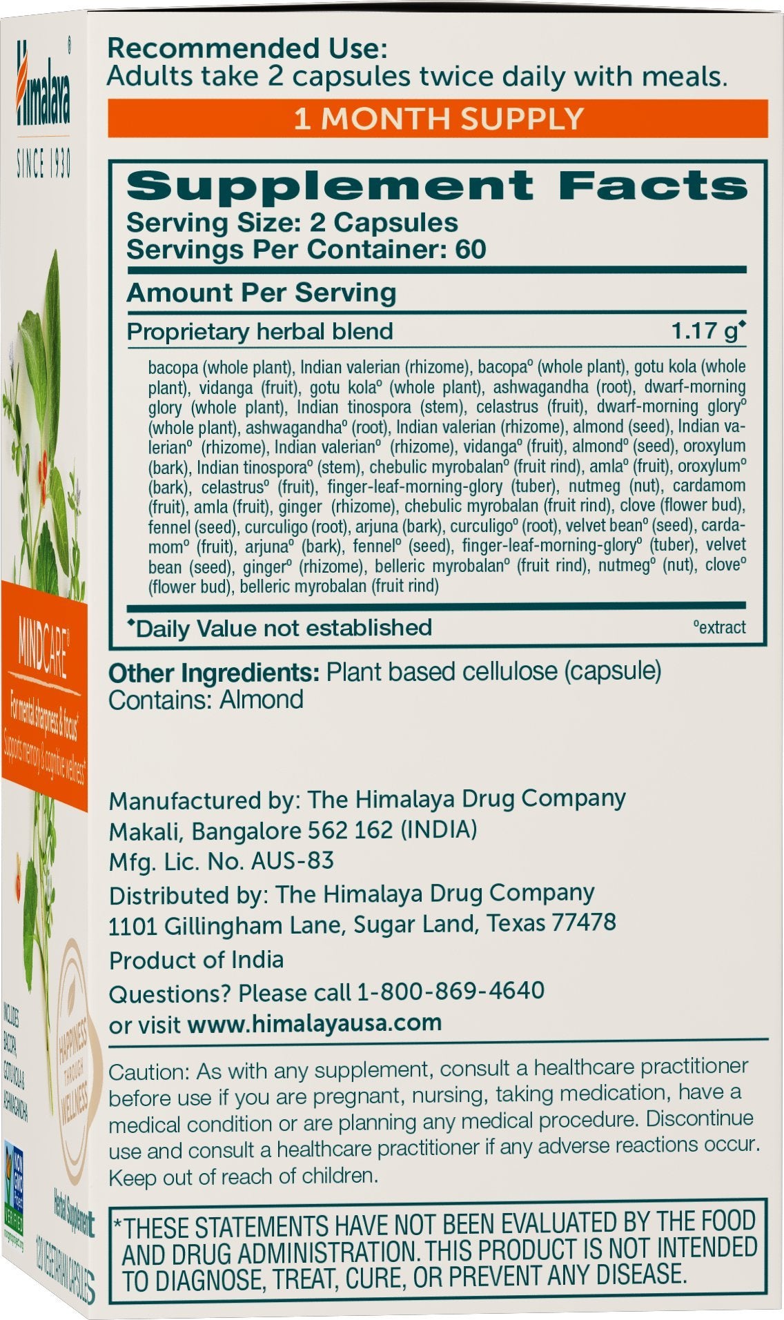 Himalaya MindCare, Nootropic Brain Supplement Booster for Mental Sharpness, Focus, Memory, and Cognitive Wellness, 1170 mg, 120 Capsules, 1 Month Supply