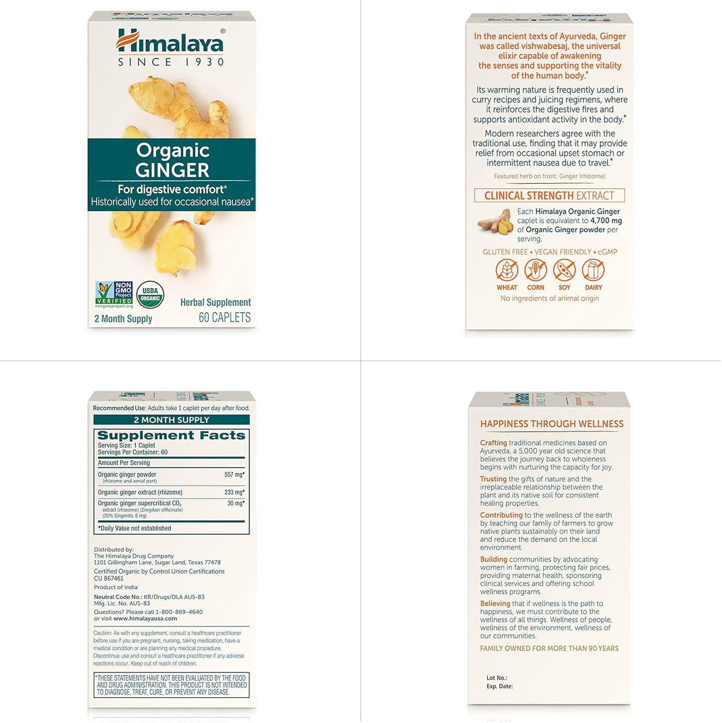 Himalaya Organic Ginger, 60 Day Supply - Digestive Health Supplement for Nausea, Upset Stomach Relief, and Occasional Bloating and Heartburn - USDA Organic, Vegan, Non-GMO, Gluten Free, 60 Caplets