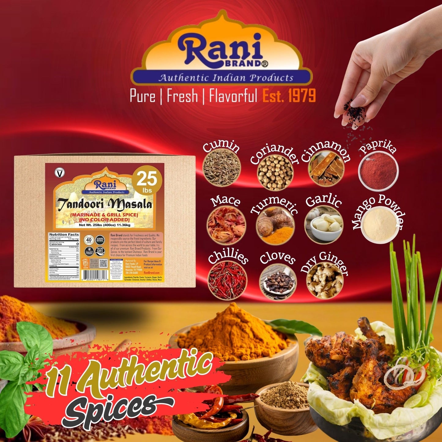 Rani Tandoori Masala (Natural, No Colors Added) Indian 11-Spice Blend 3oz (85g) PET Jar ~ Salt Free | Vegan | Gluten Friendly | NON-GMO | Kosher | Indian Origin