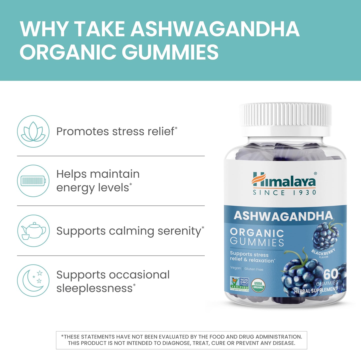 Himalaya Organic Ashwagandha, 60 Day Supply, Herbal Supplement for Stress Relief, Energy, Occasional Sleeplessness, Additive Free, Organic, Non-GMO, Vegan, Gluten Free, 670 mg, 60 Caplets