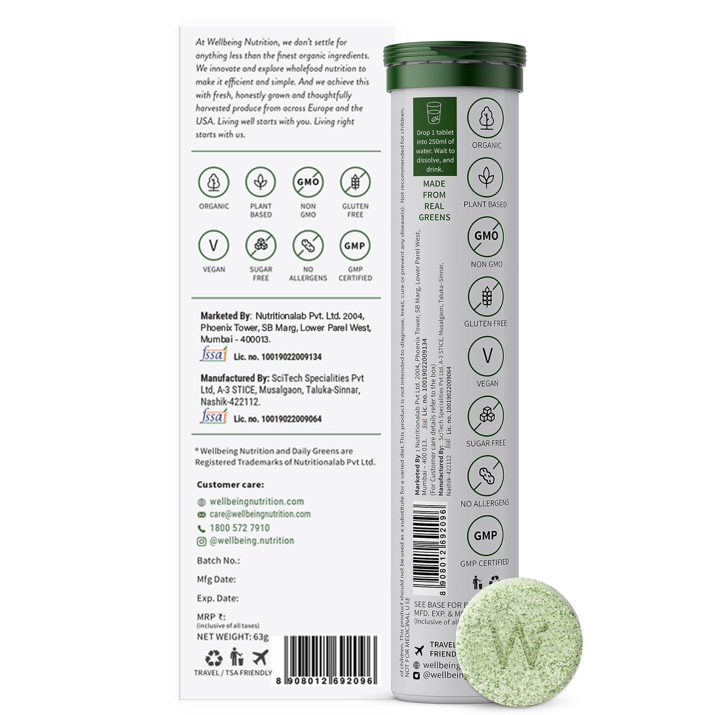 WELLBEING NUTRITION Daily Greens, Wholefood Multivitamin with Vitamin C, Zinc, B6, B12 for Immunity and Detox with 39+ Organic Certified Plant Superfoods & Antioxidants(15Tabs x 2) (63 g (Pack of 2))