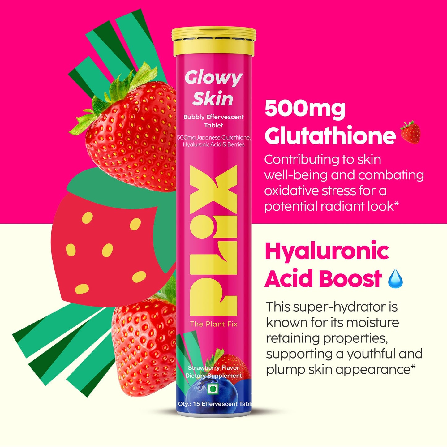 PLIX Glowy Skin 500mg Glutathione Supplement with Hyaluronic Acid, Vitamin C, E & Berries | 30 Effervescent Tablets, Strawberry Flavor