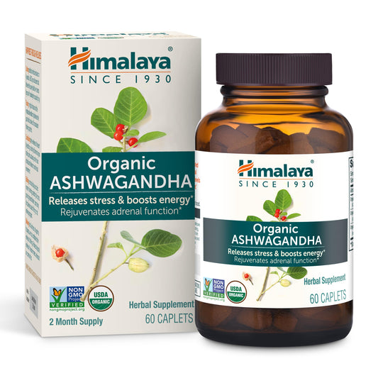 Himalaya Organic Ashwagandha, 60 Day Supply, Herbal Supplement for Stress Relief, Energy, Occasional Sleeplessness, Additive Free, Organic, Non-GMO, Vegan, Gluten Free, 670 mg, 60 Caplets
