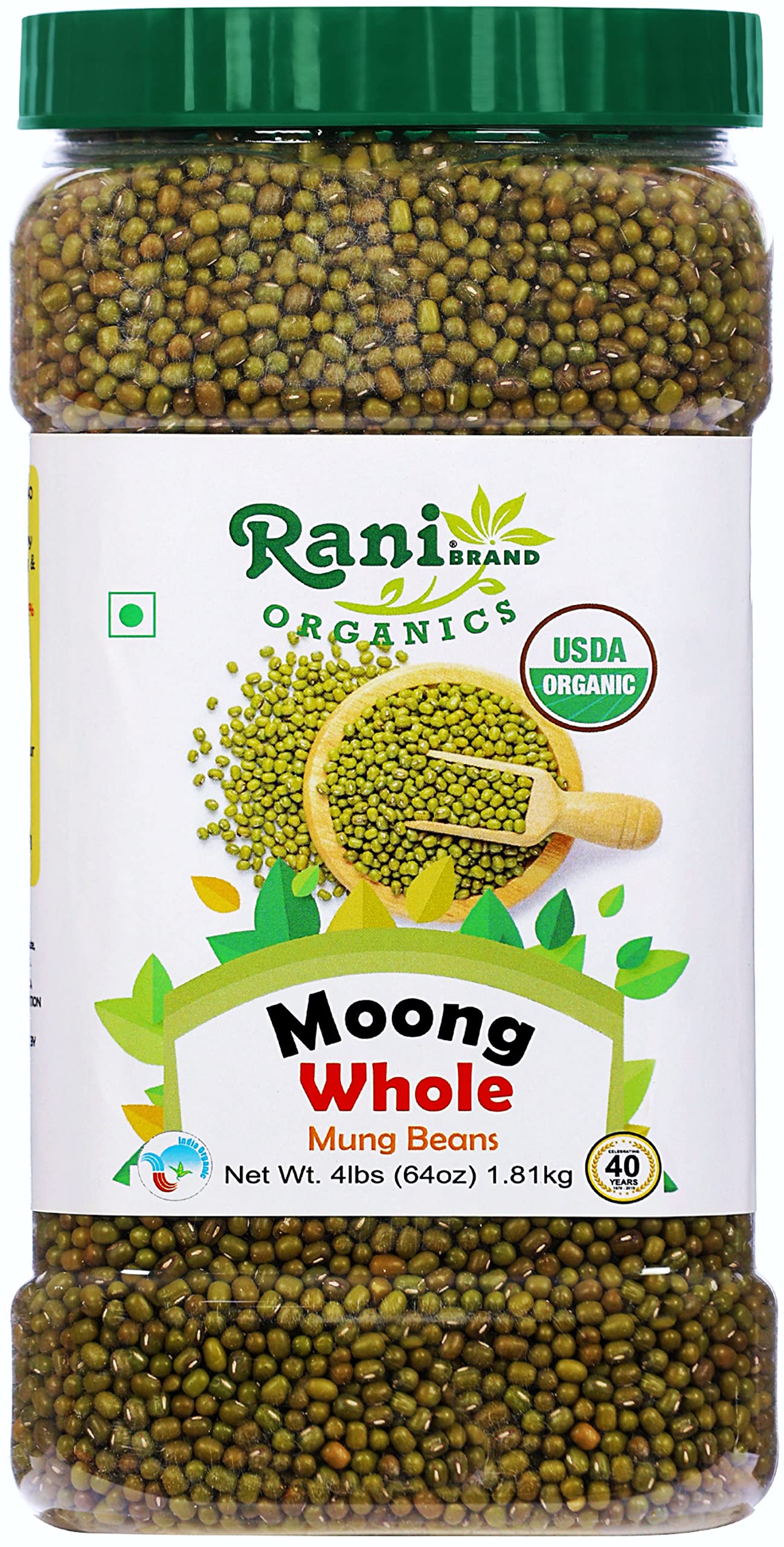 Rani Moong Whole (Ideal for cooking & sprouting, Whole Mung Beans with skin) Lentils Indian 64oz (4lbs) 1.81kg Bulk ~ All Natural | Gluten Friendly | Non-GMO | Kosher | Vegan | Indian Origin