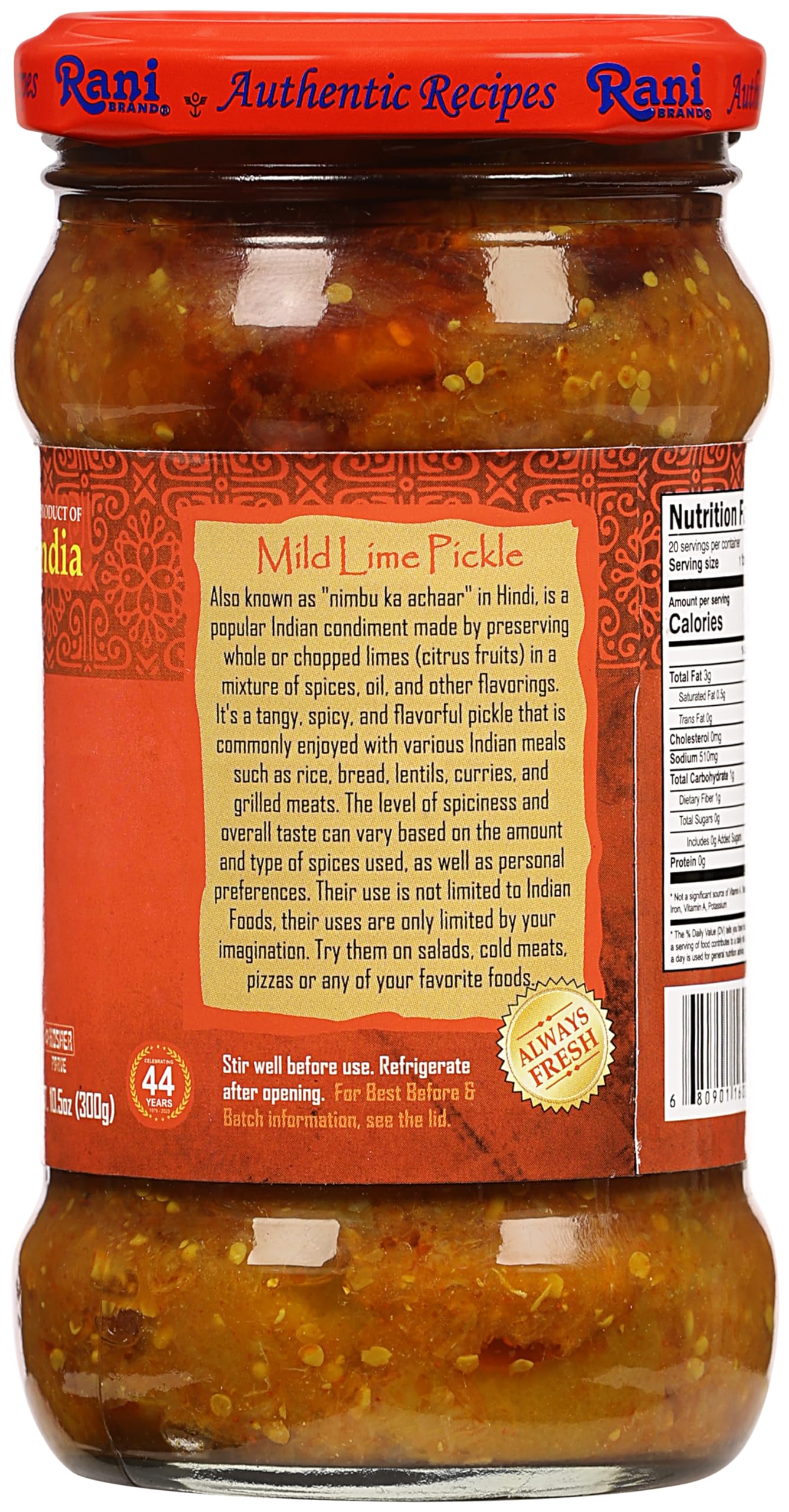 Rani Lime Pickle Hot (Achar, Spicy Indian Relish) 10.5oz (300g) Glass Jar ~ Vegan | Gluten Free | NON-GMO | No Colors | Popular Indian Condiment, Indian Origin