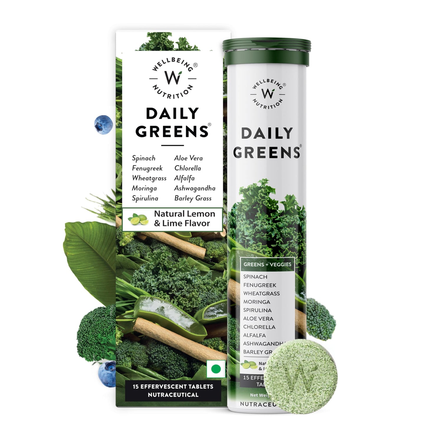 WELLBEING NUTRITION Daily Greens, Wholefood Multivitamin with Vitamin C, Zinc, B6, B12 for Immunity and Detox with 39+ Organic Certified Plant Superfoods & Antioxidants(15Tabs x 2) (63 g (Pack of 2))