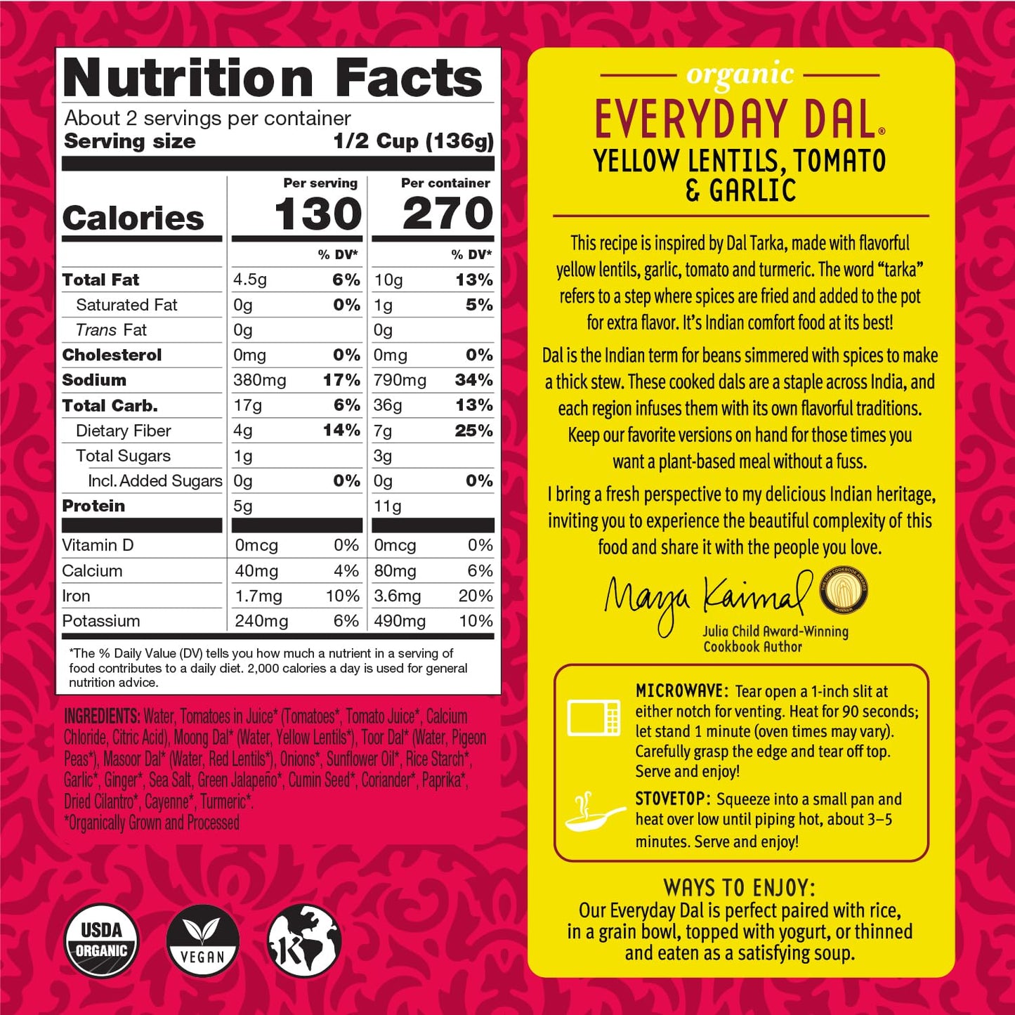 Maya Kaimal Foods - Organic Indian Everyday Dal - 6 pack variety of 10oz Ready to Eat Meals - Fully Cooked - Vegan - Kosher - Microwavable - made from Lentils, Beans, Squash, Coconut, Peas