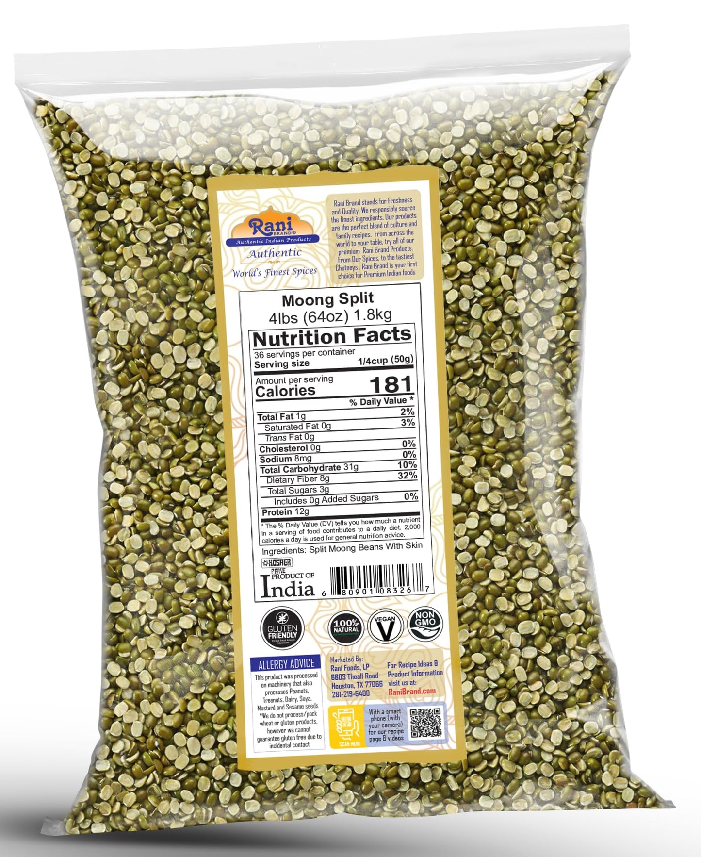 Rani Moong Whole (Ideal for cooking & sprouting, Whole Mung Beans with skin) Lentils Indian 64oz (4lbs) 1.81kg Bulk ~ All Natural | Gluten Friendly | Non-GMO | Kosher | Vegan | Indian Origin