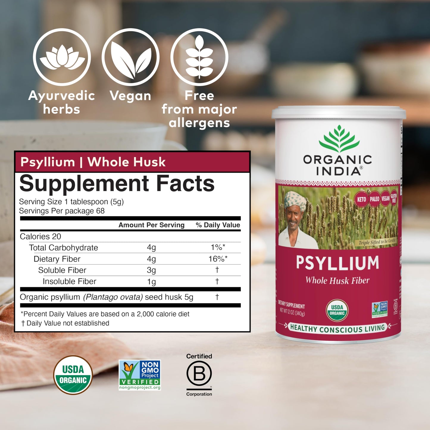 ORGANIC INDIA Whole Psyllium Husk Powder Organic - Psyllium Husk Fiber Supplement, Digestion Support, Vegan, Gluten-Free, Non-GMO, Soluble & Insoluble Fiber Source - 12 oz (Pack of 1)