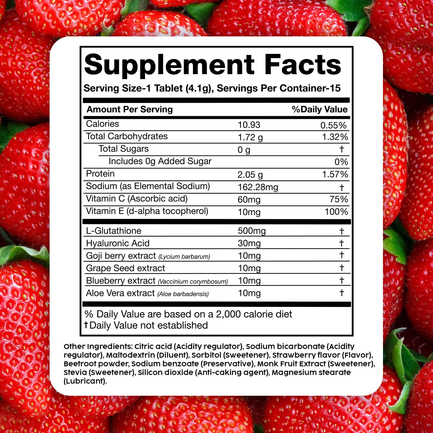 PLIX Glowy Skin 500mg Glutathione Supplement with Hyaluronic Acid, Vitamin C, E & Berries | 30 Effervescent Tablets, Strawberry Flavor