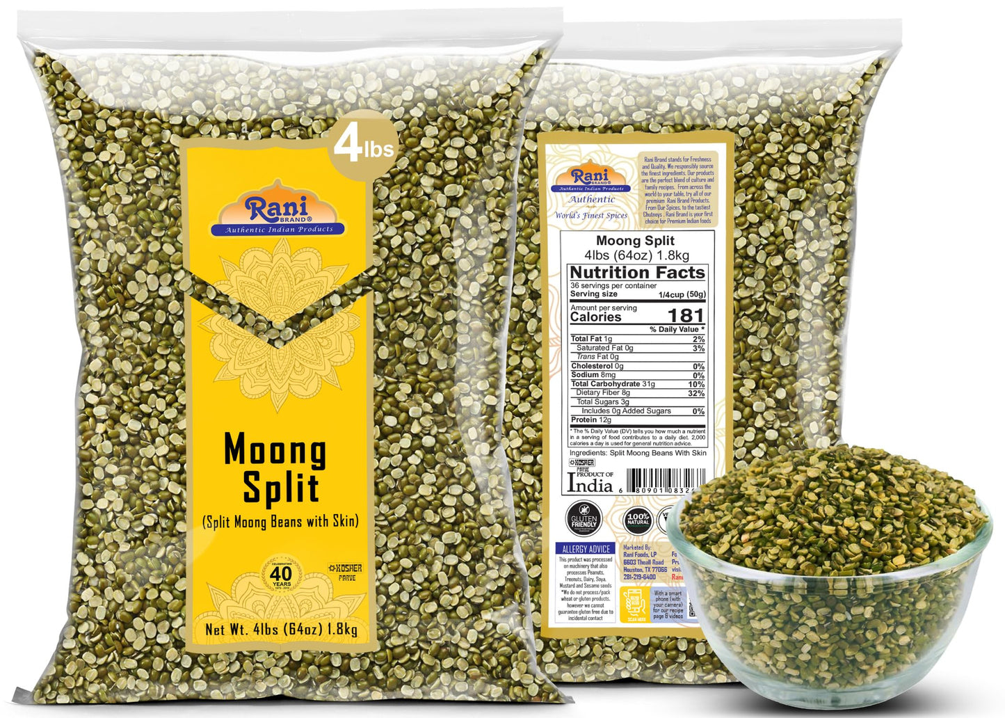 Rani Moong Whole (Ideal for cooking & sprouting, Whole Mung Beans with skin) Lentils Indian 64oz (4lbs) 1.81kg Bulk ~ All Natural | Gluten Friendly | Non-GMO | Kosher | Vegan | Indian Origin