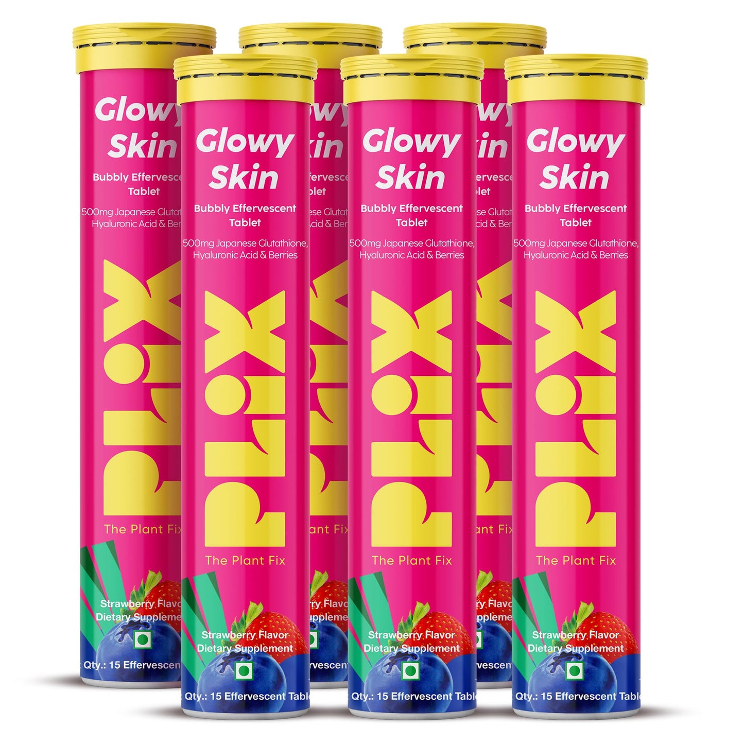 PLIX Glowy Skin 500mg Glutathione Supplement with Hyaluronic Acid, Vitamin C, E & Berries | 30 Effervescent Tablets, Strawberry Flavor
