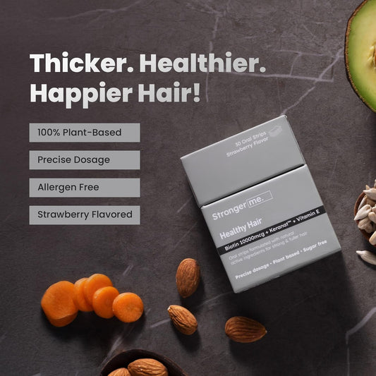 Stronger me. Hair Supplement With Plant Based Biotin, Vitamin E, Keranat, Folic Acid, Vitamin D3 And Vitamin B For Improved Scalp Health And Hair Growth|Strawberry Flavoured|30 Oral Strips