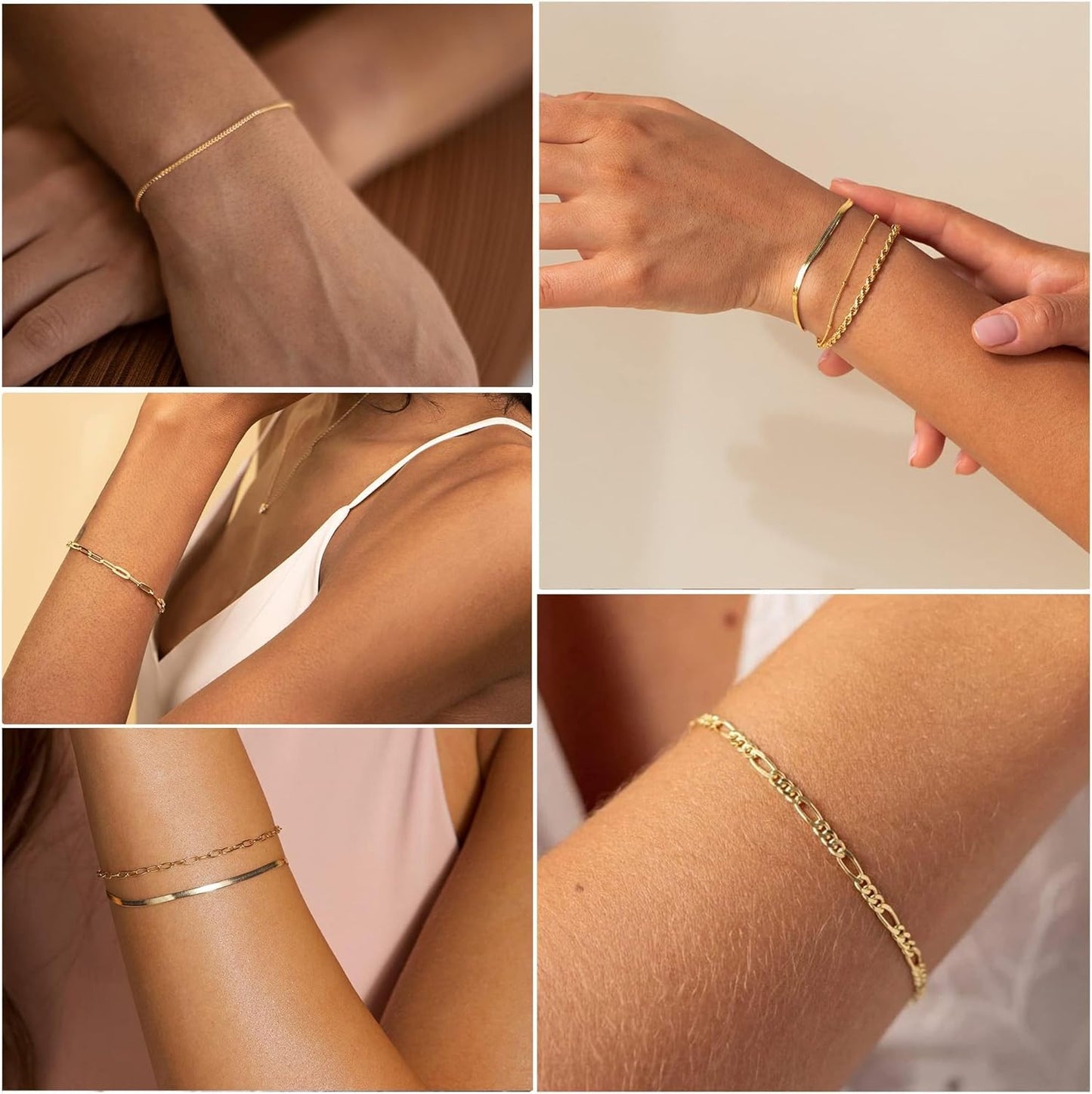 VAMA FASHIONS Anti-Tarnish 18K Gold Plated Bracelet Set Rope Figaro Paperclip Snake Herringbone & Beads Chain Hand Jewelry for Women – Set of 6