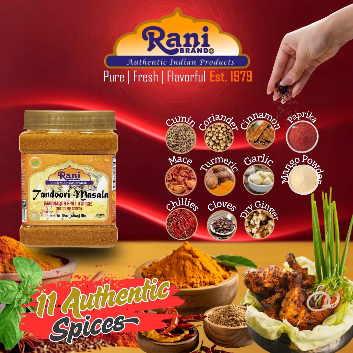 Rani Tandoori Masala (Natural, No Colors Added) Indian 11-Spice Blend 3oz (85g) PET Jar ~ Salt Free | Vegan | Gluten Friendly | NON-GMO | Kosher | Indian Origin