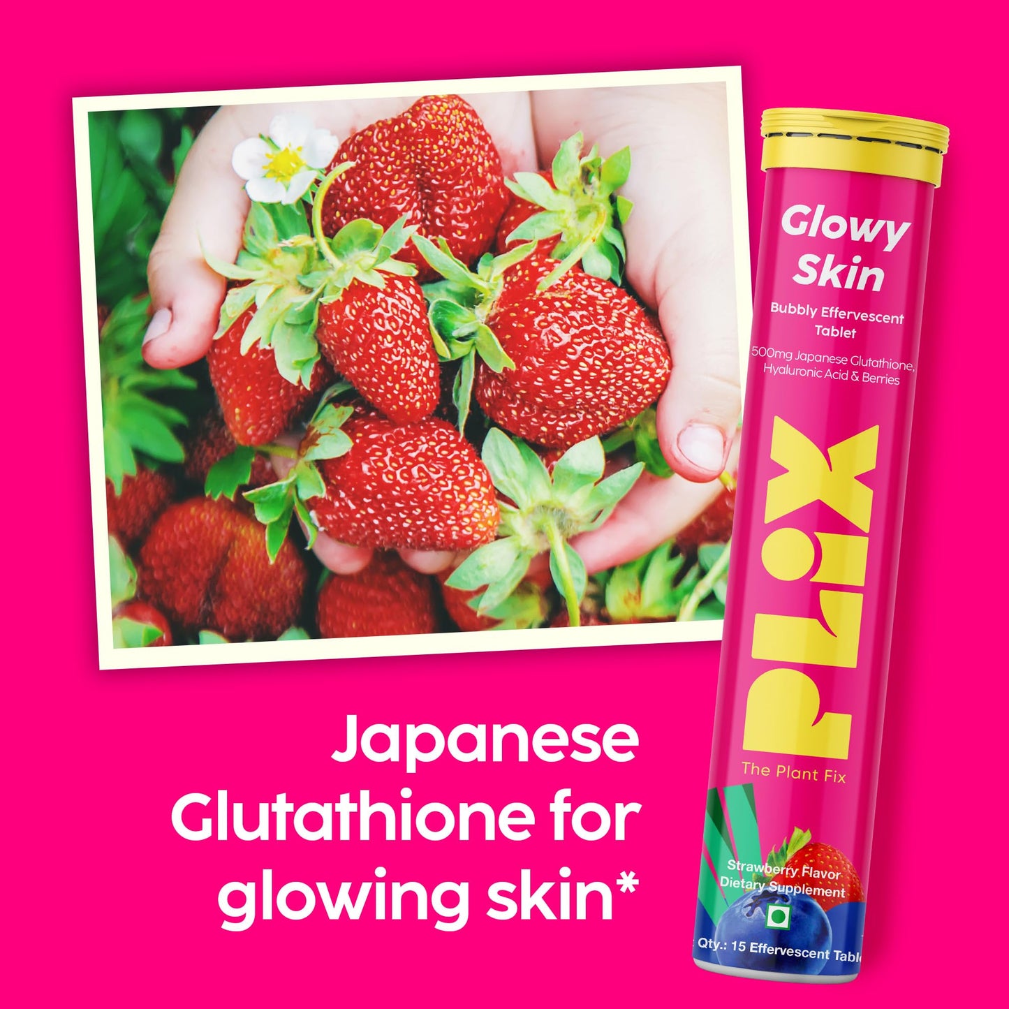 PLIX Glowy Skin 500mg Glutathione Supplement with Hyaluronic Acid, Vitamin C, E & Berries | 30 Effervescent Tablets, Strawberry Flavor