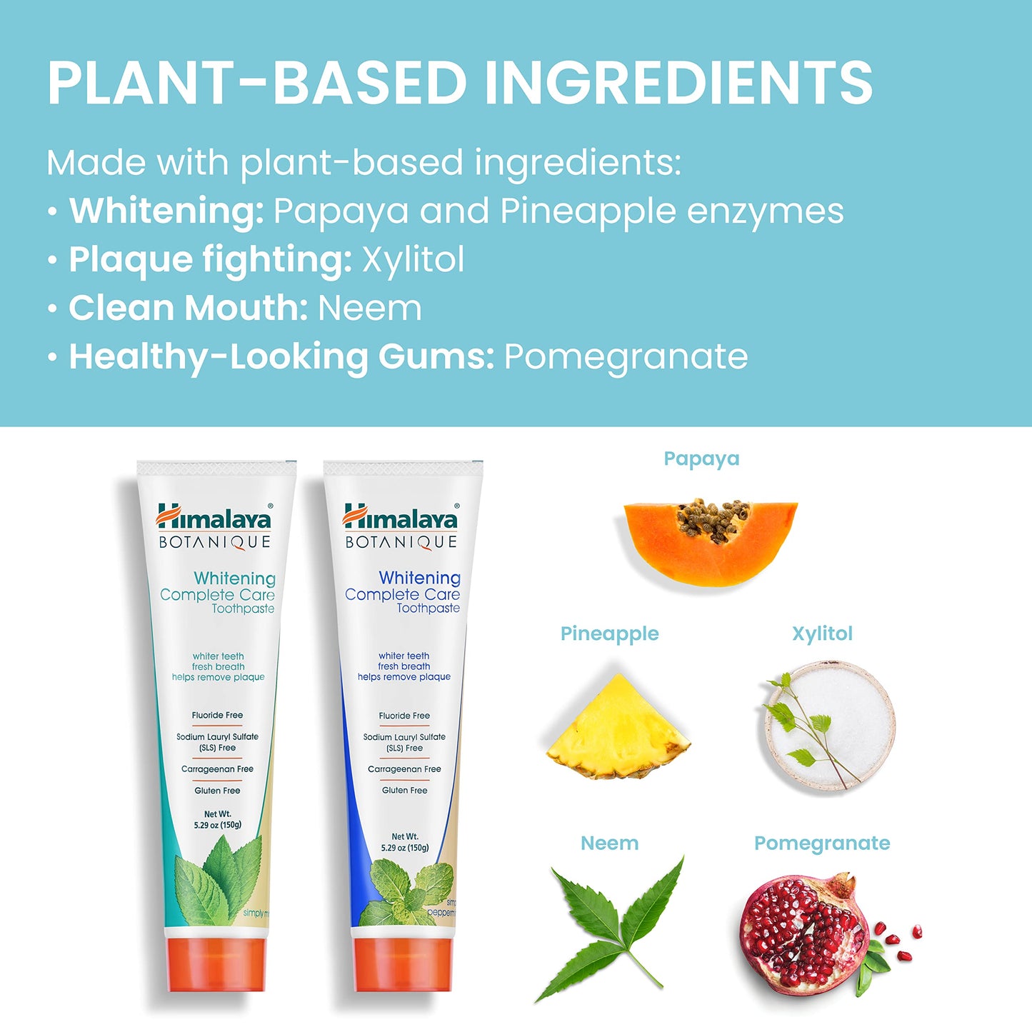Himalaya Botanique Whitening Complete Care Toothpaste, Teeth Whitening, Fights Plaque, Fluoride Free, No Artificial Flavors, SLS Free, Cruelty Free, Foaming, Simply Mint Flavor, 5.29 Oz, 2 Pack