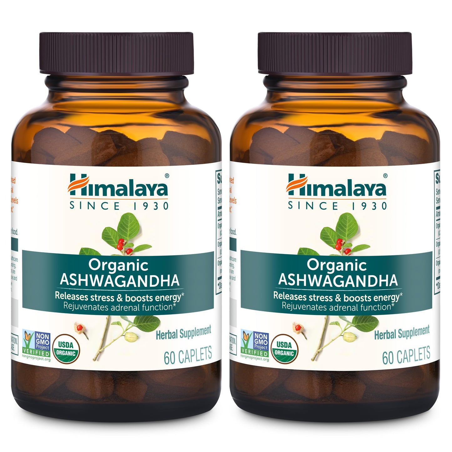 Himalaya Organic Ashwagandha, 60 Day Supply, Herbal Supplement for Stress Relief, Energy, Occasional Sleeplessness, Additive Free, Organic, Non-GMO, Vegan, Gluten Free, 670 mg, 60 Caplets