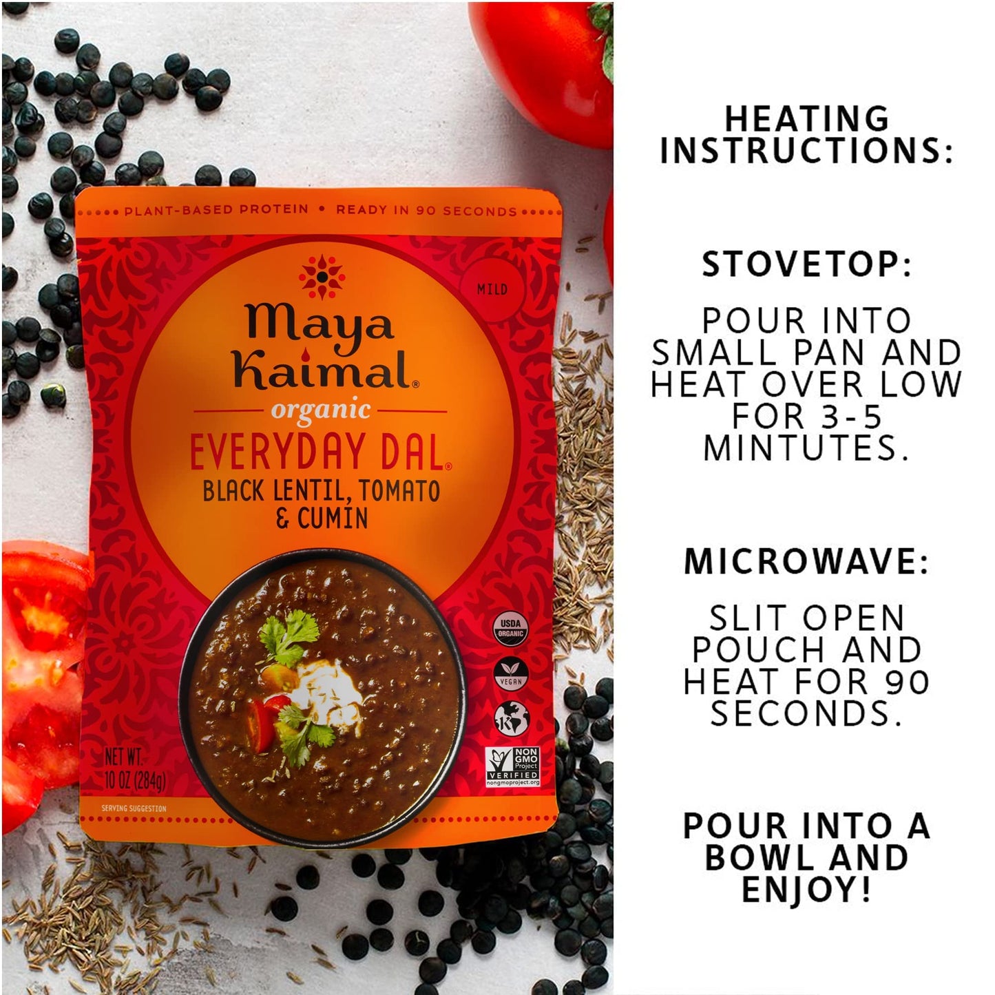 Maya Kaimal Foods - Organic Indian Everyday Dal - 6 pack variety of 10oz Ready to Eat Meals - Fully Cooked - Vegan - Kosher - Microwavable - made from Lentils, Beans, Squash, Coconut, Peas