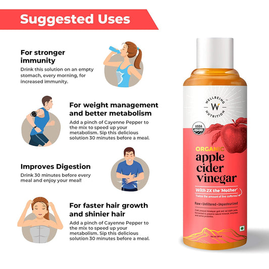 Wellbeing Nutrition Organic Apple Cider Vinegar - Raw, Unfiltered, Unpasteurized - 500ml