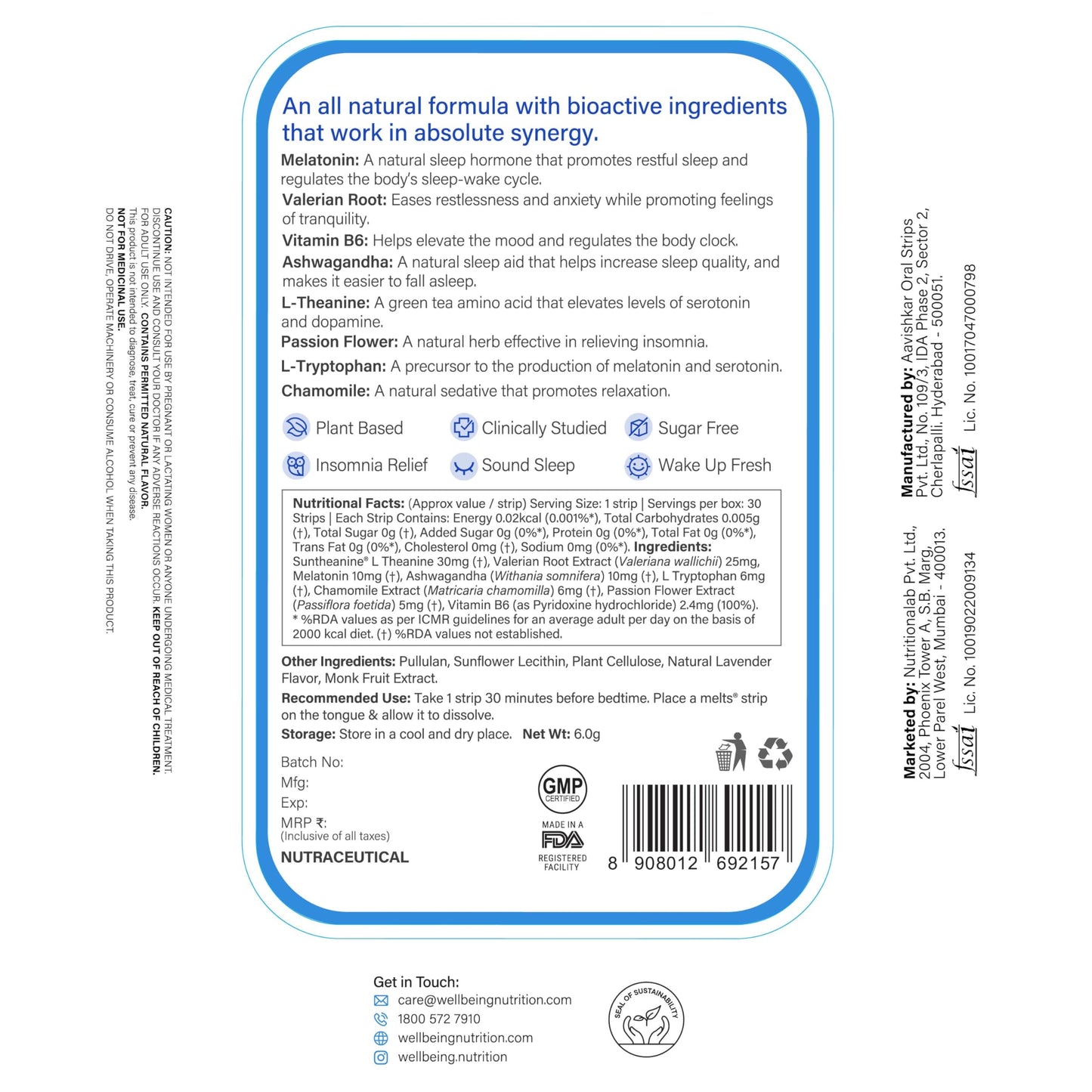 Wellbeing Nutrition Melts Restful Sleep Aid | Plant-Based Melatonin 10mg for Better Sleep with Chamomile, Tagara, L-Theanine | Non-Addictive Sleep-Aid, Safe, Natural, 30 Oral Strips