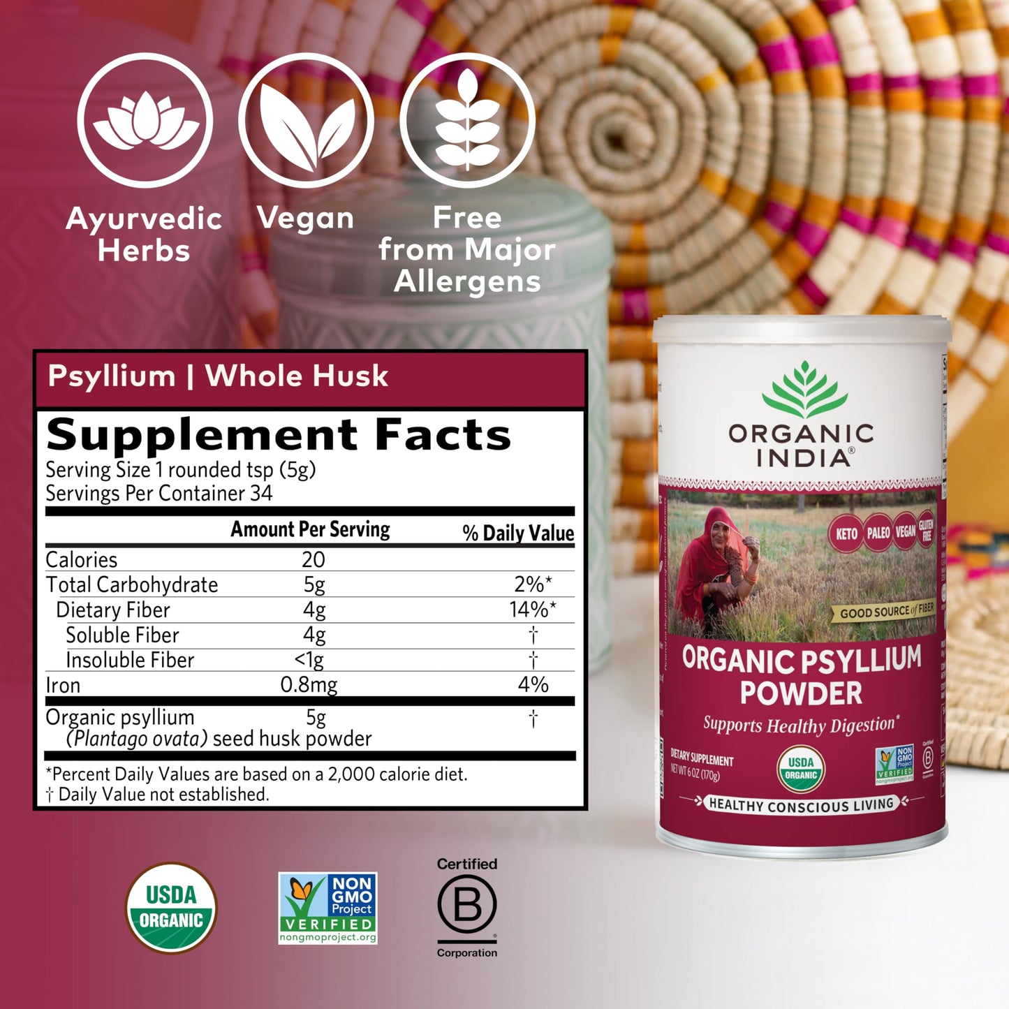 ORGANIC INDIA Whole Psyllium Husk Powder Organic - Psyllium Husk Fiber Supplement, Digestion Support, Vegan, Gluten-Free, Non-GMO, Soluble & Insoluble Fiber Source - 12 oz (Pack of 1)