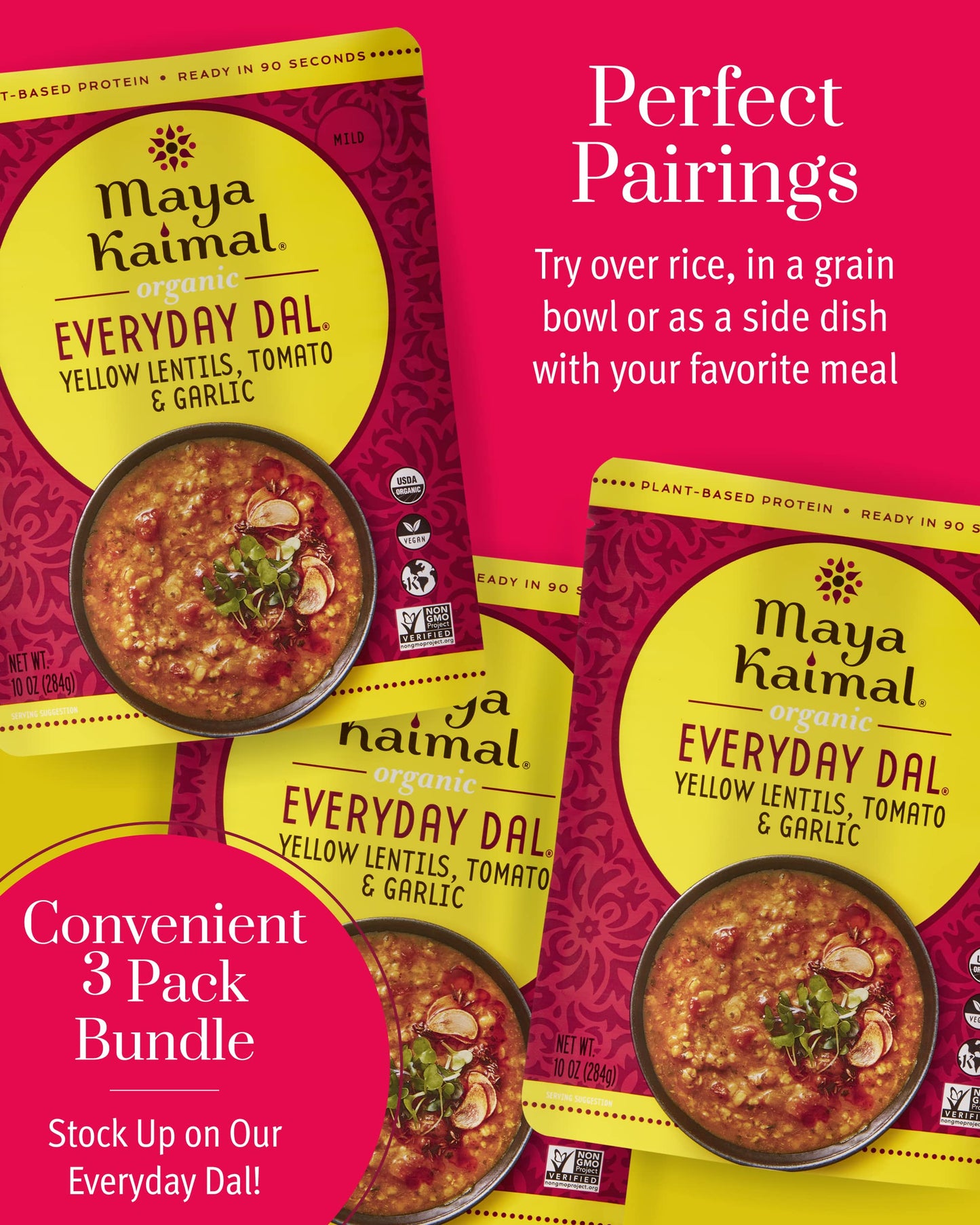 Maya Kaimal Foods - Organic Indian Everyday Dal - 6 pack variety of 10oz Ready to Eat Meals - Fully Cooked - Vegan - Kosher - Microwavable - made from Lentils, Beans, Squash, Coconut, Peas