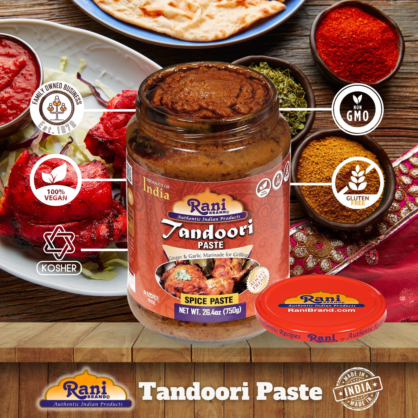 Rani Tandoori Masala (Natural, No Colors Added) Indian 11-Spice Blend 3oz (85g) PET Jar ~ Salt Free | Vegan | Gluten Friendly | NON-GMO | Kosher | Indian Origin