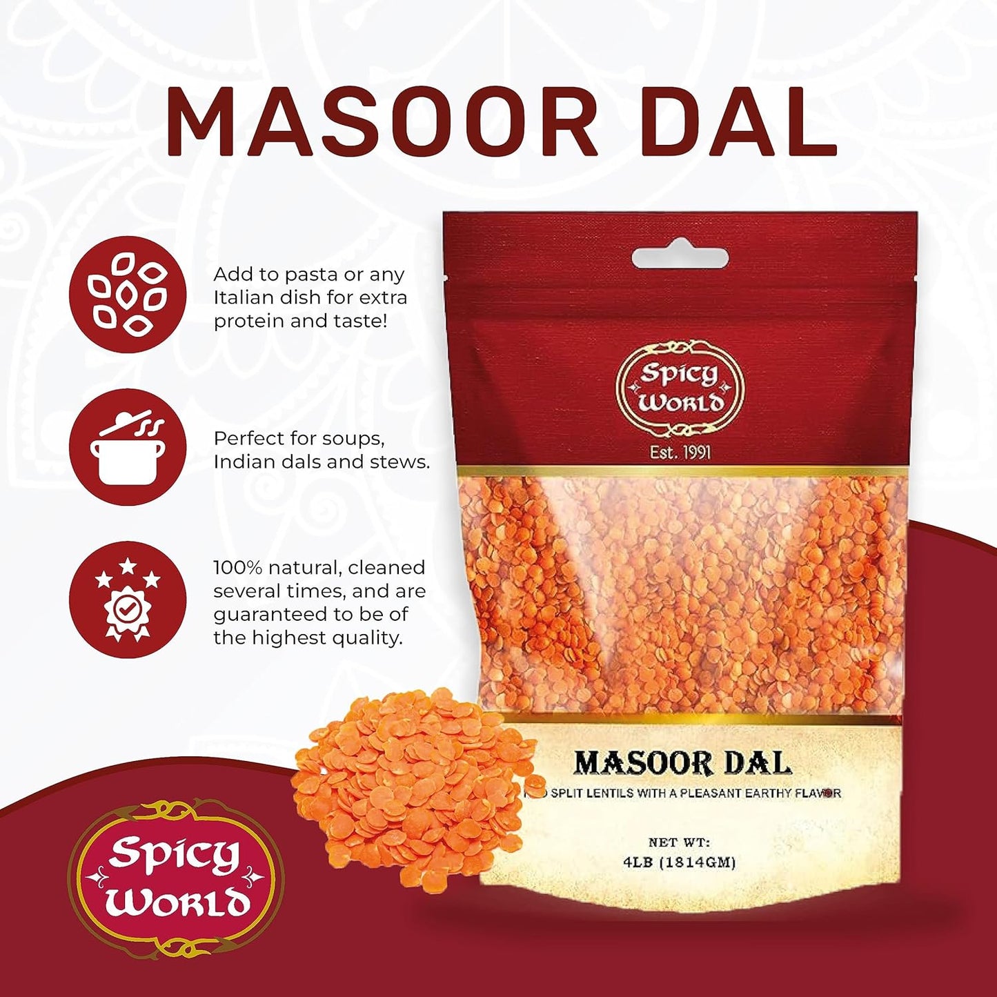 Masoor Dal 4 Pound Bag - Split Red Lentils Dry - All Natural, Pure, Vegan - Resealable Bag by Spicy World