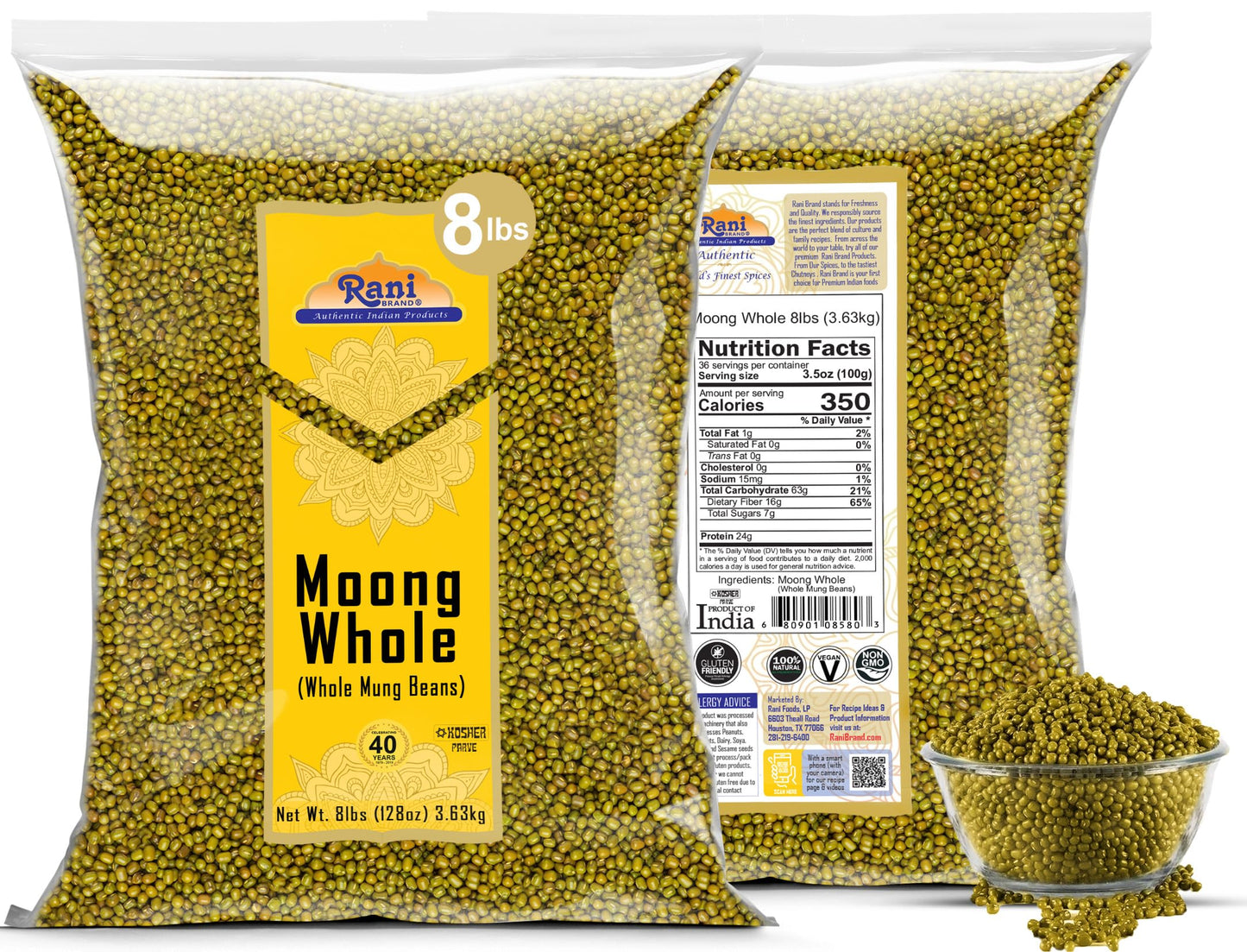 Rani Moong Whole (Ideal for cooking & sprouting, Whole Mung Beans with skin) Lentils Indian 64oz (4lbs) 1.81kg Bulk ~ All Natural | Gluten Friendly | Non-GMO | Kosher | Vegan | Indian Origin