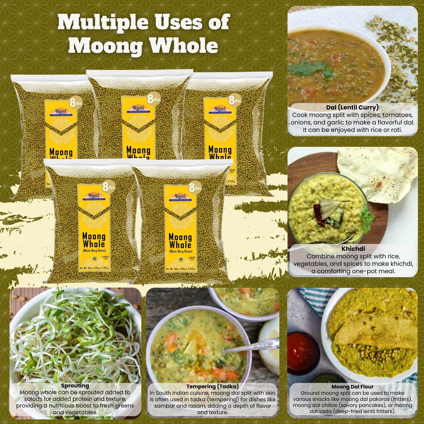 Rani Moong Whole (Ideal for cooking & sprouting, Whole Mung Beans with skin) Lentils Indian 64oz (4lbs) 1.81kg Bulk ~ All Natural | Gluten Friendly | Non-GMO | Kosher | Vegan | Indian Origin