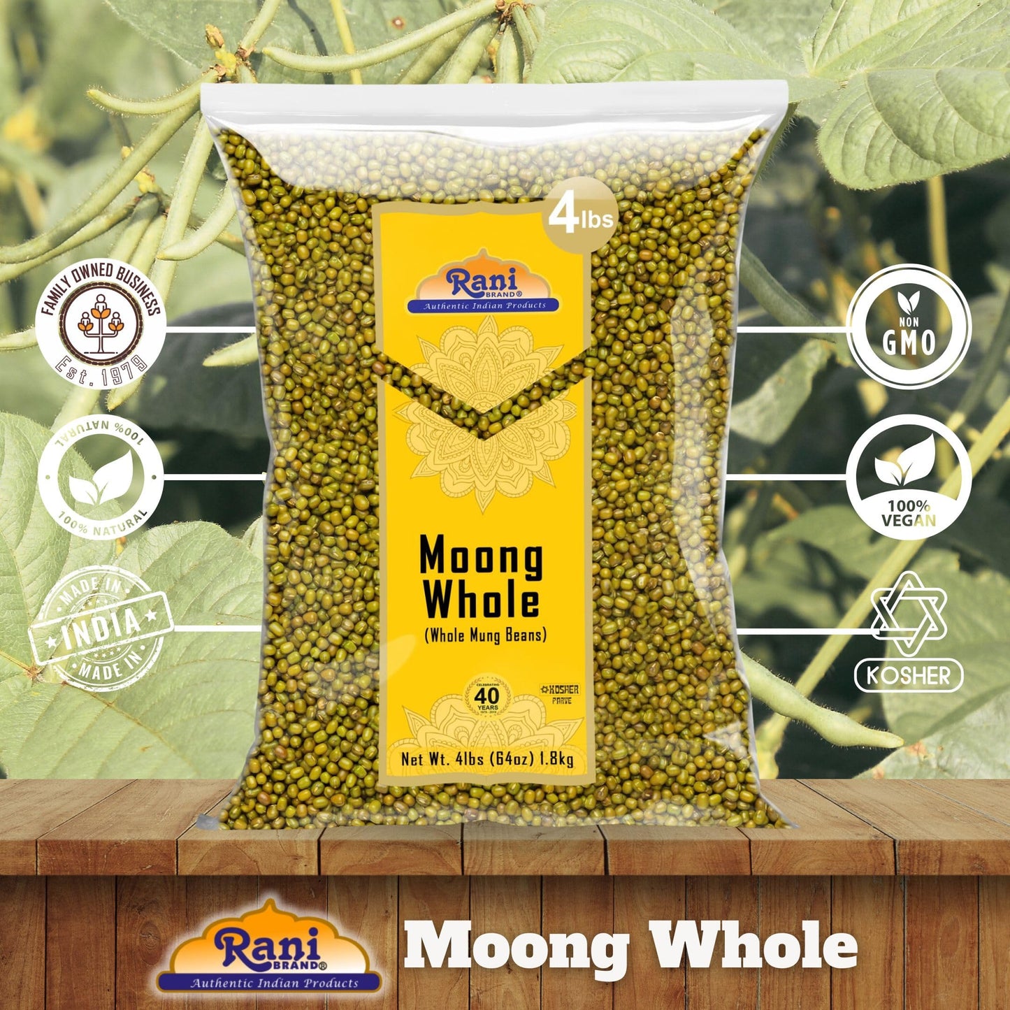 Rani Moong Whole (Ideal for cooking & sprouting, Whole Mung Beans with skin) Lentils Indian 64oz (4lbs) 1.81kg Bulk ~ All Natural | Gluten Friendly | Non-GMO | Kosher | Vegan | Indian Origin