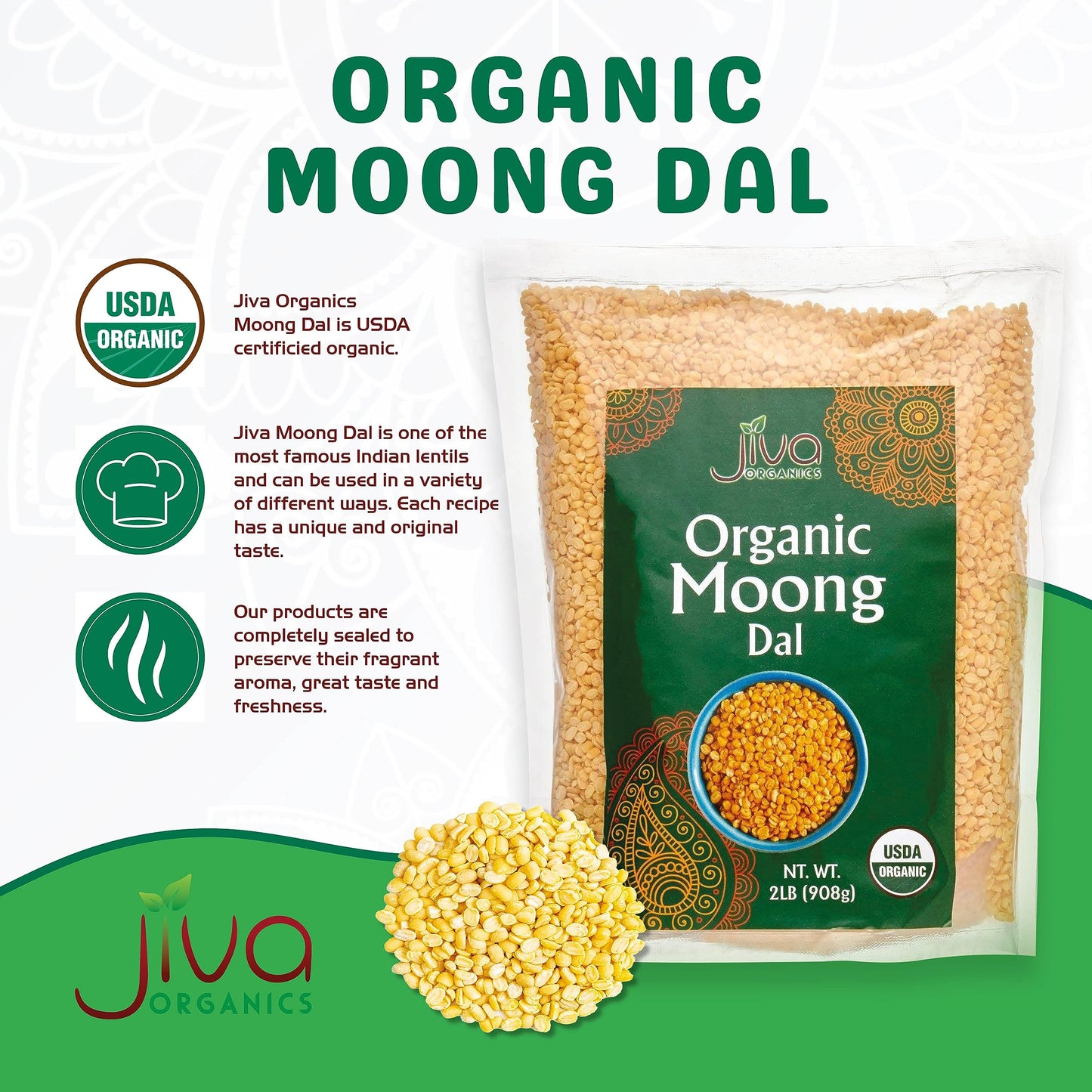 Jiva Organic Yellow Moong Dal 2 LB - Non-GMO, Gluten Free - Great for Kitchari - Split Yellow Mung Beans