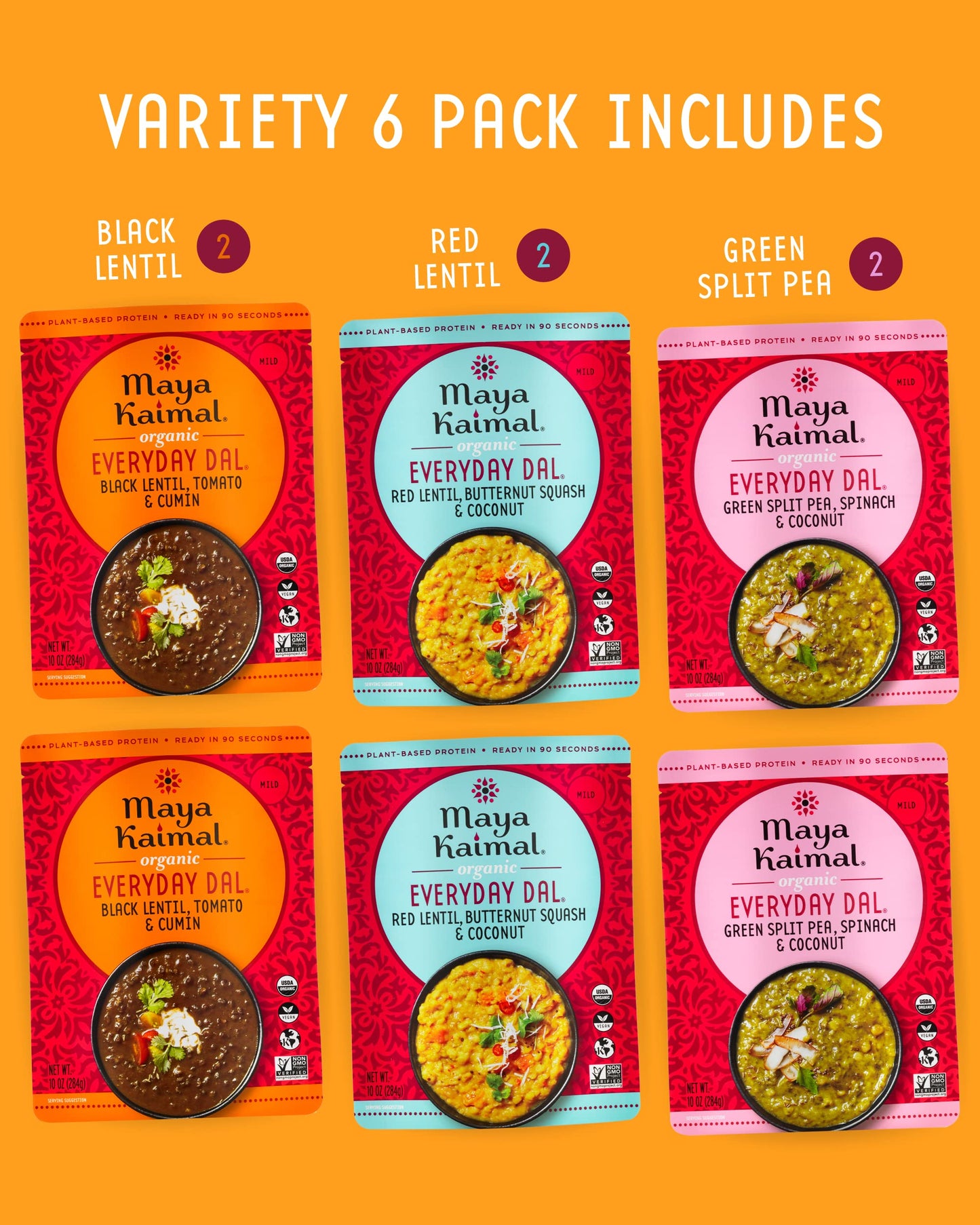 Maya Kaimal Foods - Organic Indian Everyday Dal - 6 pack variety of 10oz Ready to Eat Meals - Fully Cooked - Vegan - Kosher - Microwavable - made from Lentils, Beans, Squash, Coconut, Peas
