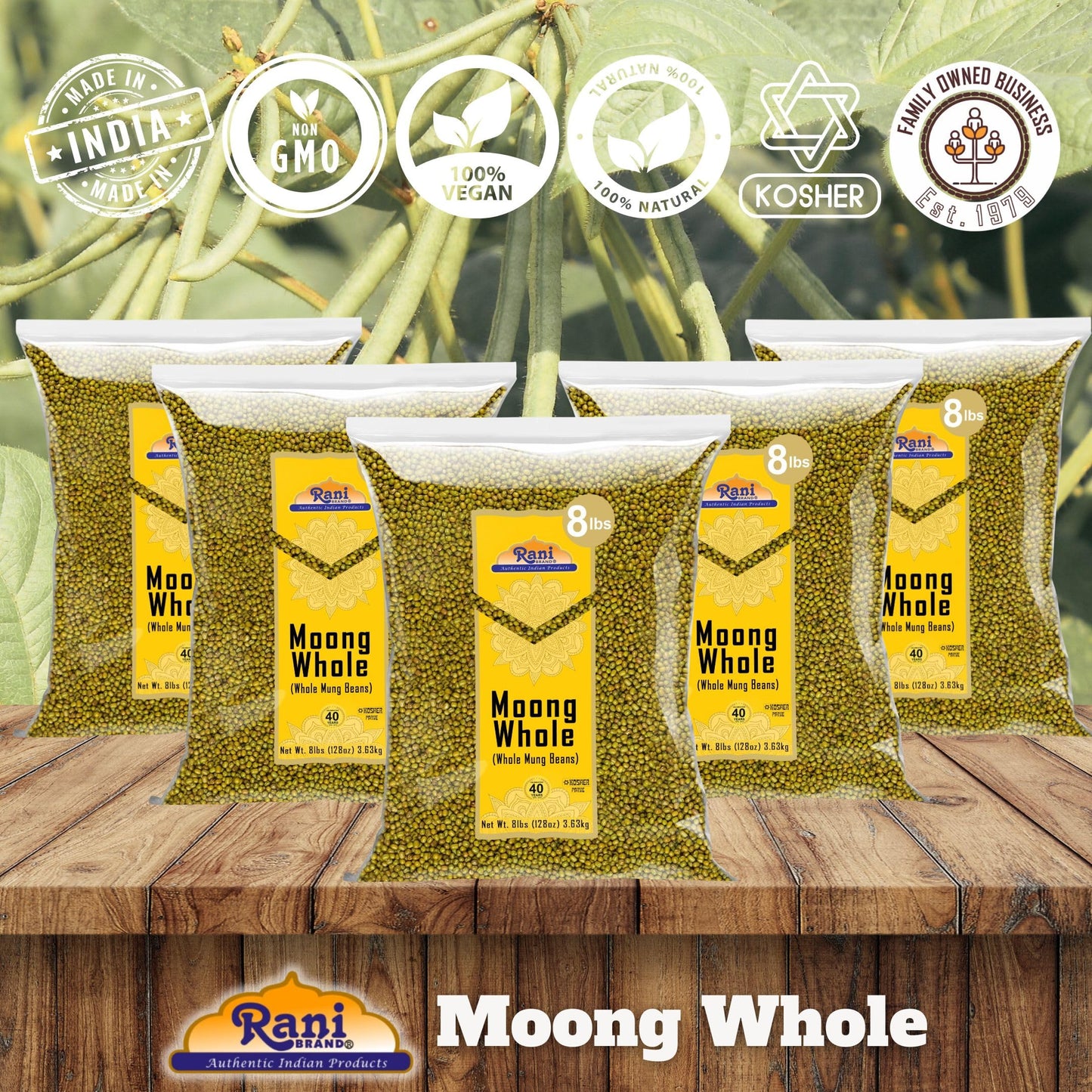 Rani Moong Whole (Ideal for cooking & sprouting, Whole Mung Beans with skin) Lentils Indian 64oz (4lbs) 1.81kg Bulk ~ All Natural | Gluten Friendly | Non-GMO | Kosher | Vegan | Indian Origin