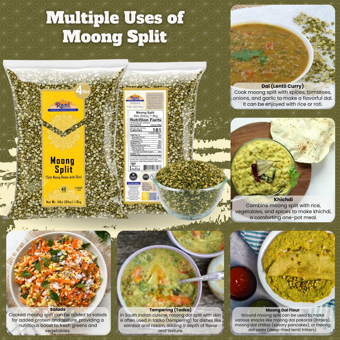 Rani Moong Whole (Ideal for cooking & sprouting, Whole Mung Beans with skin) Lentils Indian 64oz (4lbs) 1.81kg Bulk ~ All Natural | Gluten Friendly | Non-GMO | Kosher | Vegan | Indian Origin