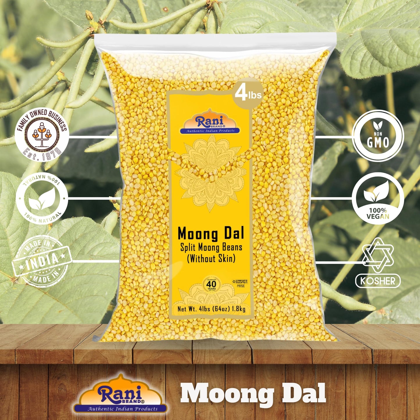 Rani Moong Whole (Ideal for cooking & sprouting, Whole Mung Beans with skin) Lentils Indian 64oz (4lbs) 1.81kg Bulk ~ All Natural | Gluten Friendly | Non-GMO | Kosher | Vegan | Indian Origin