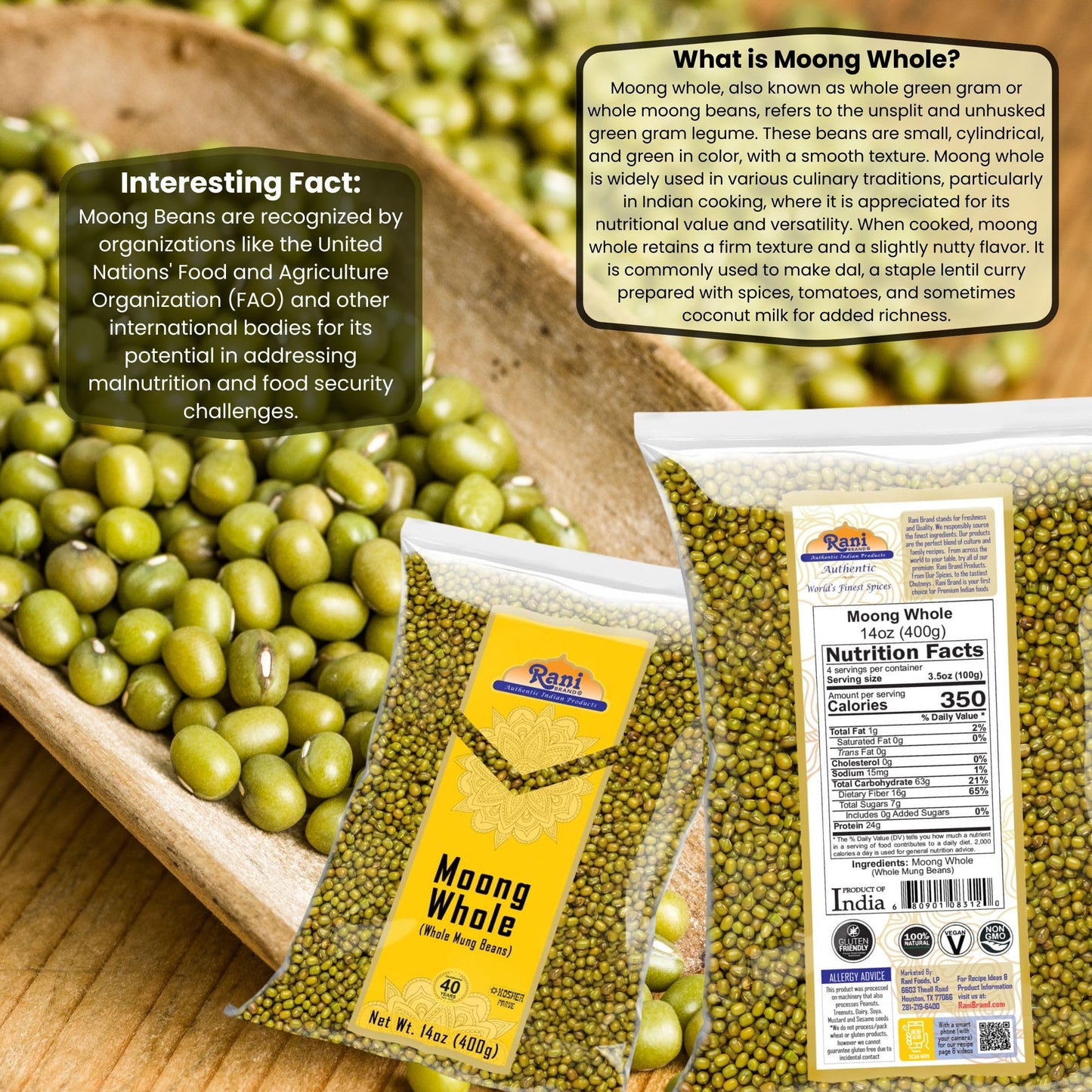 Rani Moong Whole (Ideal for cooking & sprouting, Whole Mung Beans with skin) Lentils Indian 64oz (4lbs) 1.81kg Bulk ~ All Natural | Gluten Friendly | Non-GMO | Kosher | Vegan | Indian Origin