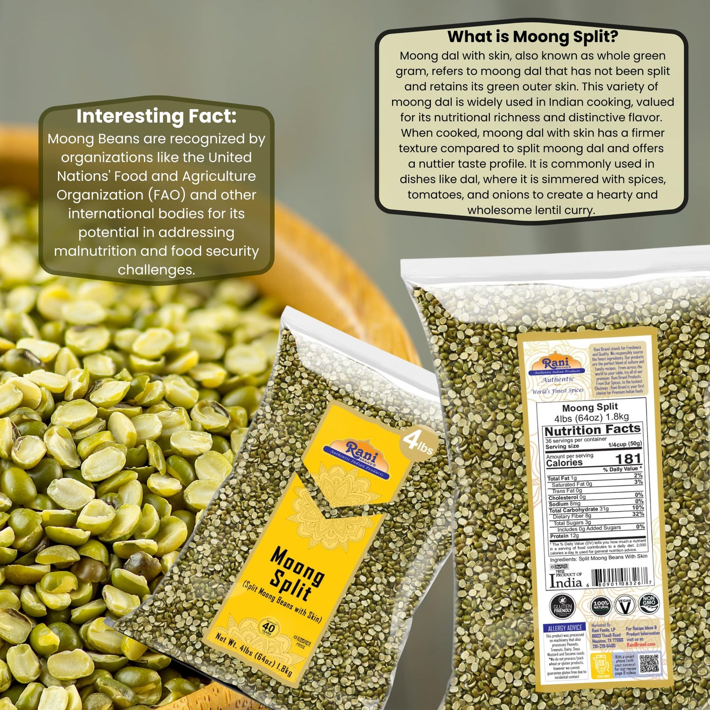 Rani Moong Whole (Ideal for cooking & sprouting, Whole Mung Beans with skin) Lentils Indian 64oz (4lbs) 1.81kg Bulk ~ All Natural | Gluten Friendly | Non-GMO | Kosher | Vegan | Indian Origin