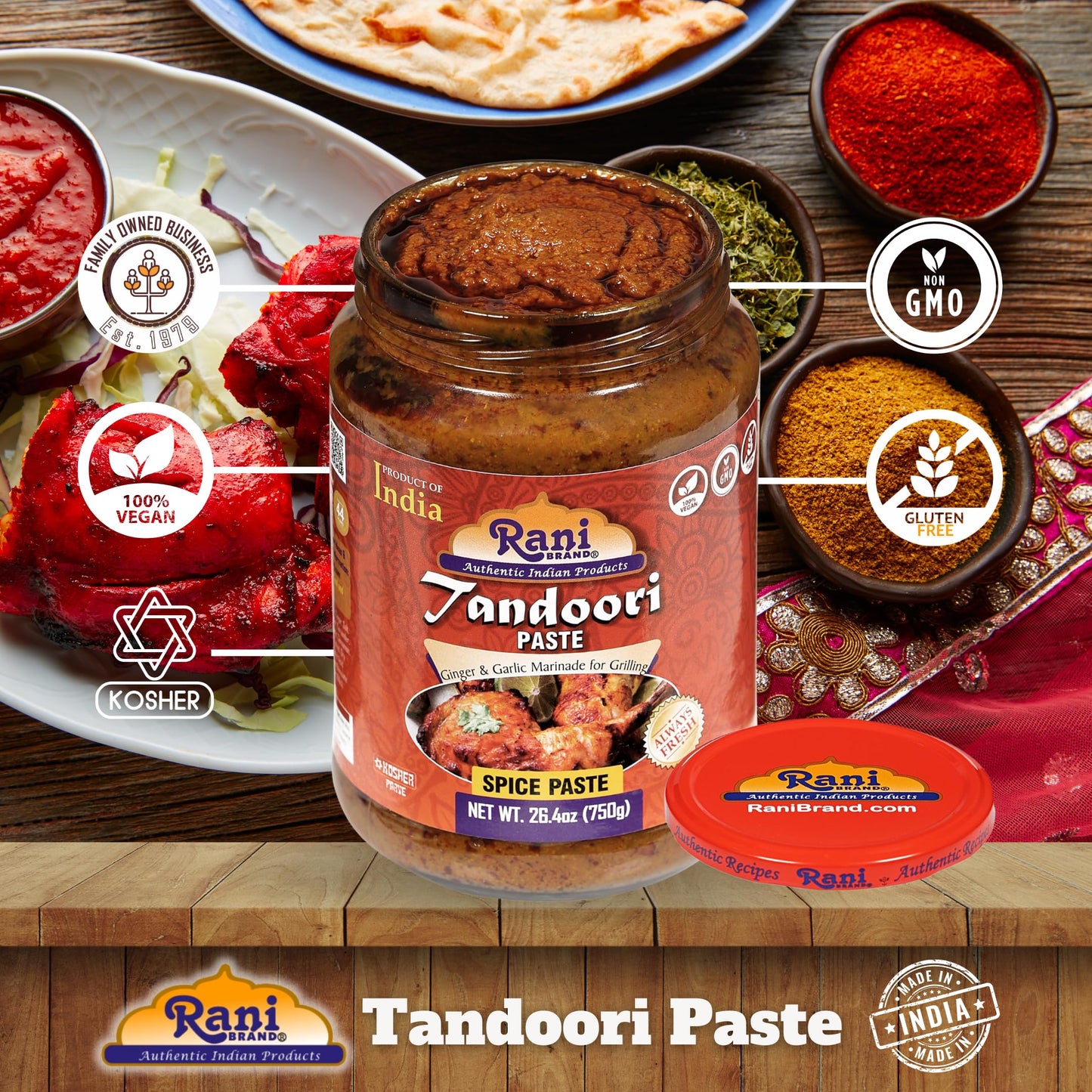 Rani Tandoori Masala (Natural, No Colors Added) Indian 11-Spice Blend 3oz (85g) PET Jar ~ Salt Free | Vegan | Gluten Friendly | NON-GMO | Kosher | Indian Origin