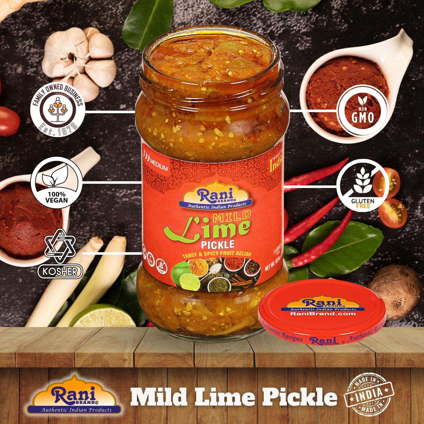 Rani Lime Pickle Hot (Achar, Spicy Indian Relish) 10.5oz (300g) Glass Jar ~ Vegan | Gluten Free | NON-GMO | No Colors | Popular Indian Condiment, Indian Origin