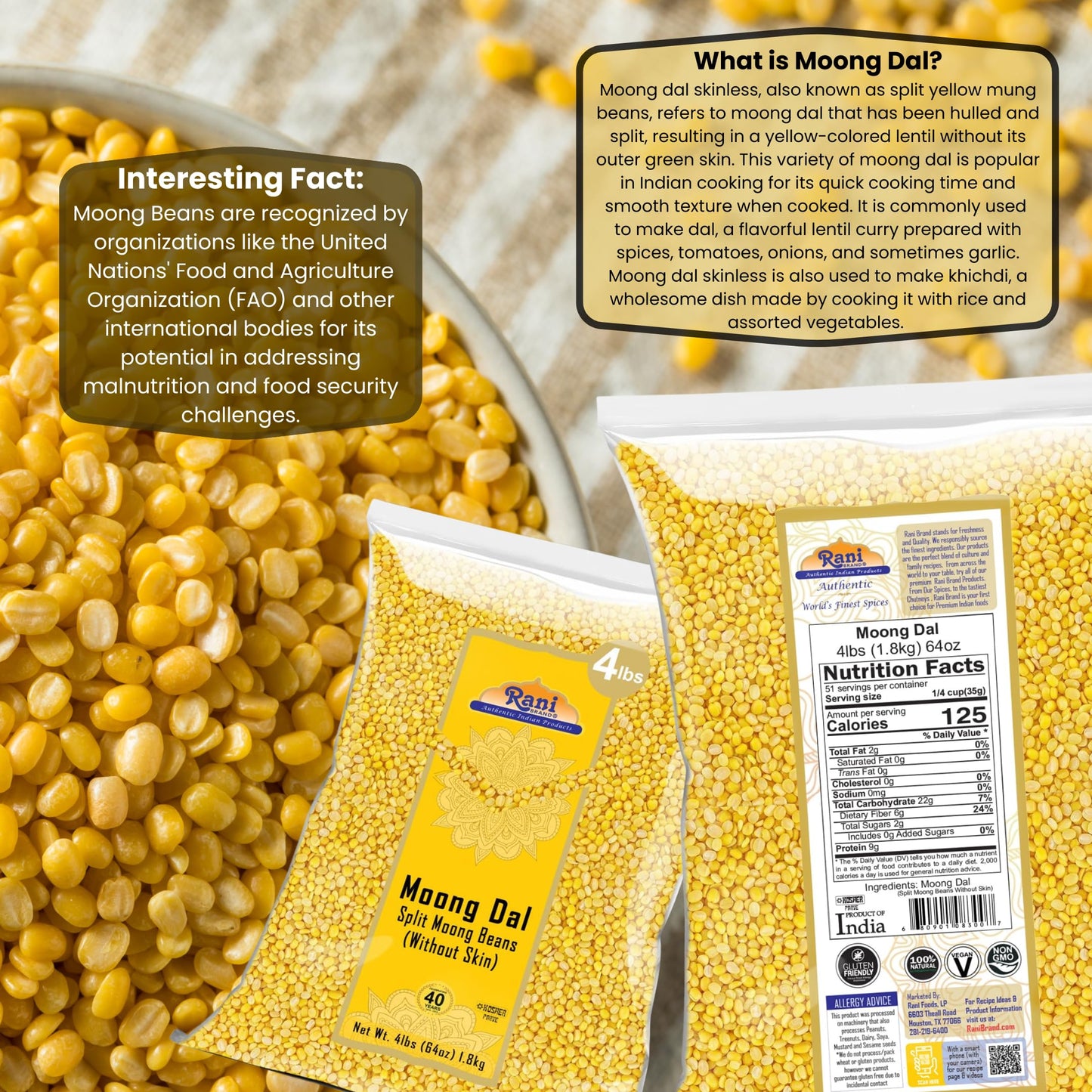 Rani Moong Whole (Ideal for cooking & sprouting, Whole Mung Beans with skin) Lentils Indian 64oz (4lbs) 1.81kg Bulk ~ All Natural | Gluten Friendly | Non-GMO | Kosher | Vegan | Indian Origin