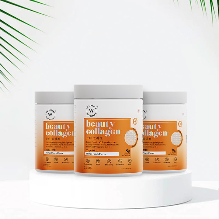 Wellbeing Nutrition Beauty Korean Marine Collagen Peptides with Hyaluronic Acid, Rosehip, Astaxanthin, Biotin & Vitamins C & E for Hair, Nails, Skin Radiance & Anti-Aging | Mango Peach Flavor - 250g