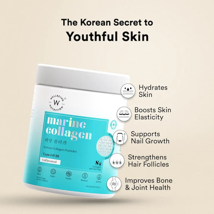 Wellbeing Nutrition Pure Korean Marine Collagen Peptides Supplement for Skin, Hair, Nails. Bone & Joint | Clinically Proven | High Absorption 8 gms Collagen | Unflavored, 200 gms