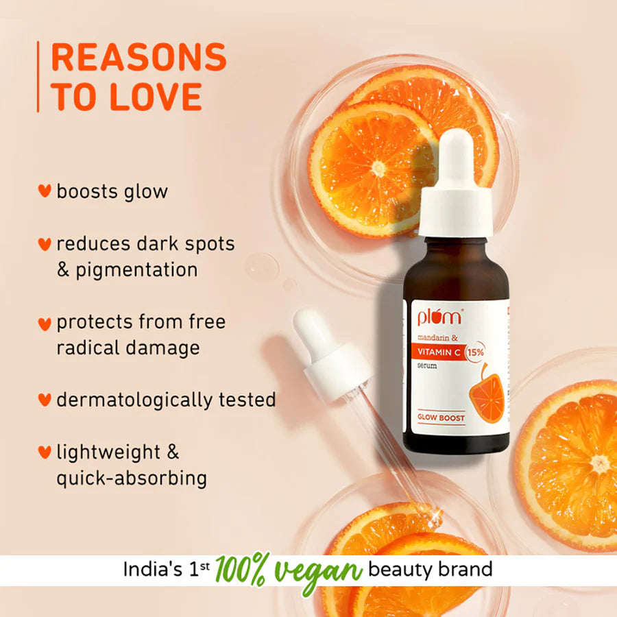 Plum 15% Vitamin C Serum for Glowing Skin | for Oily, Dry & Combination Skin | Reduce Pigmentation & Dark Spot |with Mandarin | Non-Irritating, Hydrating & Soothing | Face Serum for Men & Women | 10ml