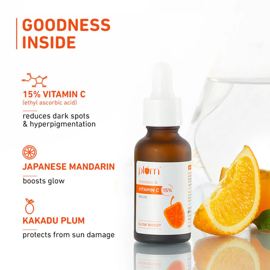 Plum 15% Vitamin C Serum for Glowing Skin | for Oily, Dry & Combination Skin | Reduce Pigmentation & Dark Spot |with Mandarin | Non-Irritating, Hydrating & Soothing | Face Serum for Men & Women | 10ml