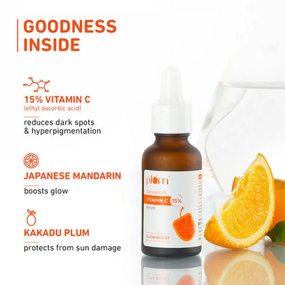Plum 15% Vitamin C Serum for Glowing Skin | for Oily, Dry & Combination Skin | Reduce Pigmentation & Dark Spot |with Mandarin | Non-Irritating, Hydrating & Soothing | Face Serum for Men & Women | 10ml
