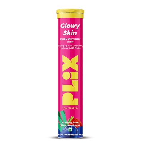 PLIX Glowy Skin 500mg Glutathione Supplement with Hyaluronic Acid, Vitamin C, E & Berries | 30 Effervescent Tablets, Strawberry Flavor